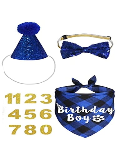 Cat/Dog Birthday Party Supplies, Plaid Cat Kitten Birthday Boy Bandanas with Cat Birthday Hat Cat Bow Tie Birthday Number for Cat Kitten Birthday Decorations (A)