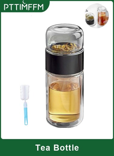 Double-Layer Glass Tea Infuser Bottle, Leak-Proof Travel Tumbler with Tea&acirc;&euro;&ldquo;Water Separation &amp; Cleaning Brush, Heat-Resistant Borosilicate Cup for Hot &amp; Cold Brewing