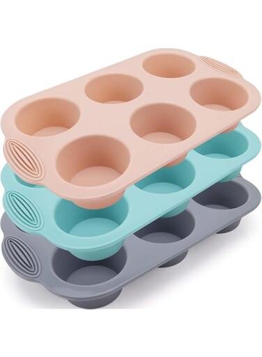 NimbusNote Silicone Muffin Pan, 6-Cavity Nonstick Baking Tray, for Muffins, Cupcakes, Brownies and More, Food Grade and BPA Free - Pack of 3 Colors (Gray, Orange, Peacock Blue)