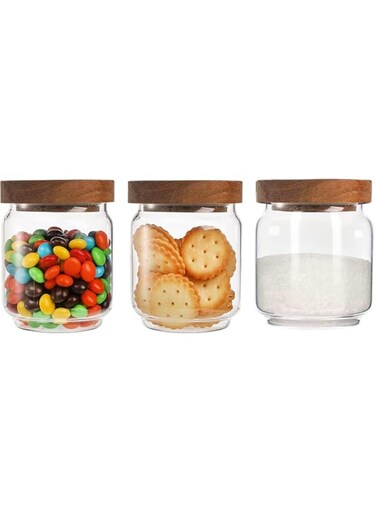 3Pcs Glass Jar,Glass Food Storage Containers with Wooden Lids,Airtight Kitchen Containers Storage Set,Airtight Coffee Storage Containers for Kitchen,Pantry Organization,Ideal for Coffee,Nuts(500ml)
