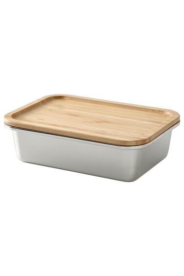 container with lid, rectangular stainless steel/bamboo, 1.0 l