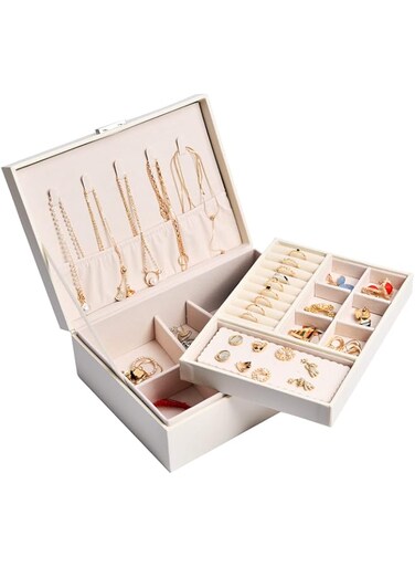 Jewellery Box Organiser, Ring Earring Box, Jewellery Case, Earring Storage, Jewellery Display Box, PU Leather Jewellery Storage Case with Two Layers for Necklace Bracelets Earrings Rings (White)