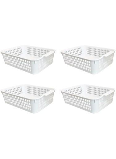 FCG Home - 4 Pack - White Basket Tray Kitchen Pantry Cupboard Storage Organizer Box Bin (Large)
