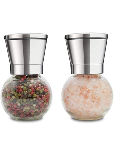 bonris Salt and Pepper Grinder Round Set of 2 Stainless Steel Manual Spice Salt &amp; Pepper Grinder Set With Adjustable 5 Grade Coarseness Ceramic Rotor