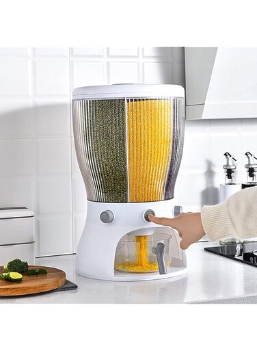360 Degree Rotatable Large Capacity 4 Grid Food Dispenser Cereal Containers &ndash; Food Grain Storage Cereal Dispenser Container &ndash; Rice Bucket Dispenser with Measuring Cup &ndash; Grain Storage Container
