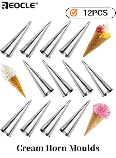 12PCS Cream Horn Moulds Baking Cones Stainless Steel Lady Lock Cannoli Tubes Standing Cone Shape Danish Pastry Cream Roll Mould for Croissant Shell and Dessert Making