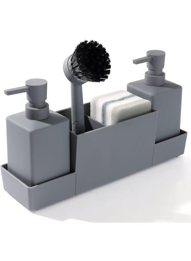 Soap Dispenser with Sponge Holder Set for Sink Caddy, Hand Soap and Dish Soap Dispenser with Brush Matte Grey