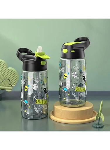 &amp; Jeko Kid's 450ml Tritan Water Bottle Ideal for Preschool to Elementary   Spill-Proof   BPA-Free, Straw Cover (Astronaut, Outer Space, Rocket)