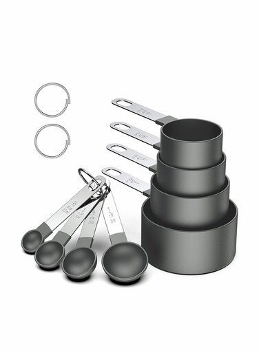 Stackable Stainless Steel Measuring Cups and Spoons Set with Plastic Heads, Accurate for Dry and Liquid Ingredients, Ideal for Baking and Cooking (Black)