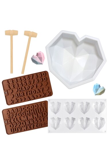 Pieces Diamond Heart Silicone Mold, 8.7 Inch Heart Shape Mold 8 Cavities Chocolate Cake Molds 2 Pieces Silicone Letter Number Molds and 2 Pieces Hammers for DIY Candy Mousse Cake Tools