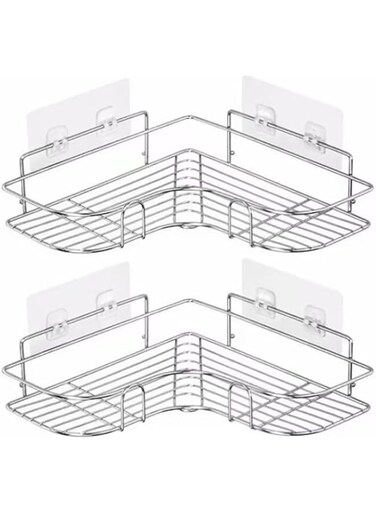 GoldenLike Adhesive Shower Caddy Shelf, Rustproof Bathroom Shower Rack, No Drilling Adhesive Shower Corner Shelf, Bathroom Shower Shelves Corner, Silver (2 Pack)