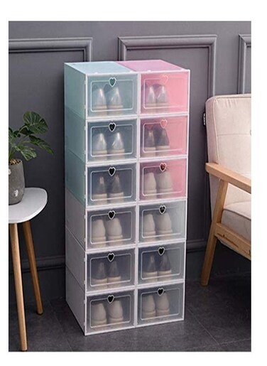 Shoe Box, Stackable Storage Shoe Box Closet Storage Organizer Transparent Home Shoe Box 6 Pieces (3 White and 3 Pink)