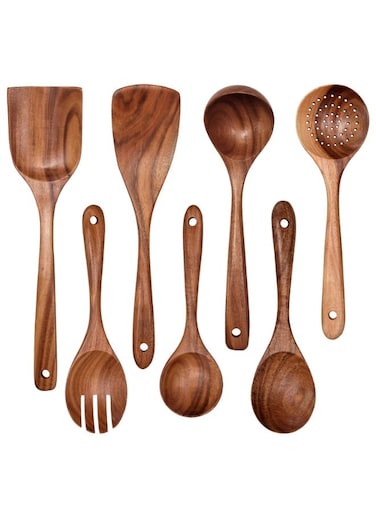 Non-Stick Kitchen Pan Toolset 7 Pieces Set,100% Natural Teak Kitchen Utensils Spatula, Wooden Cooking Utensils Spoons, Fried Spatula and Salad Fork