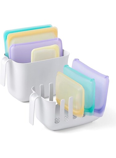 YouCopia Reusable Silicone Bag Drying Dry&amp;Store, Rack and Bin Set, White