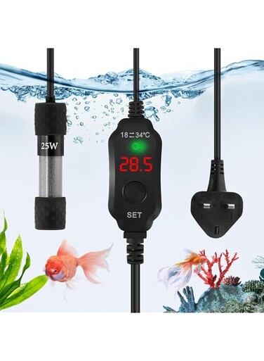 KOWVOWZ Mini Aquarium Heater, Small Powered Submersible Heater, Proof Quartz Glass LED External Temperature Controller for Saltwater Freshwater (25Watt-8Liter)