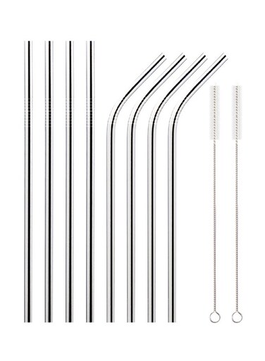 HOME 10-Piece Stainless Steel Drinking Straw Set Silver 26.7x0.6centimeter