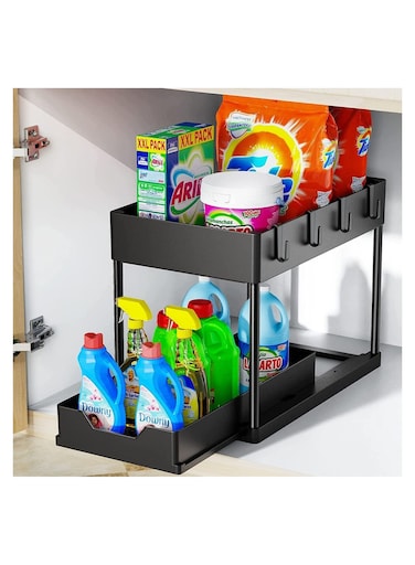 Sink Organizer, Under Bathroom Sink Storage 2 Tier Organizer Bath Collection Baskets with Hooks