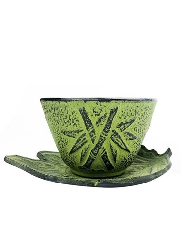 Durable Enameled Coated Cast Iron Tea Cup &amp; Leaf Saucer For Homes or Restaurants 0.1L Green