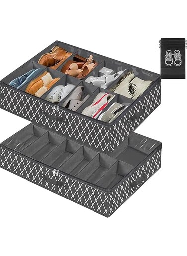 2pcs Under Bed Shoe Organizer,Foldable Fabric Shoe Box, Storage Bag, with Transparent Cover and 2 Reinforced Handles, Fits 20 Pairs of Shoes