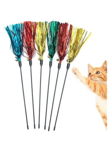 IUHKBH Cat Toy Wand 6 PCS Interactive Cat Teaser Wand with Sound Paper Tassels and Bell for Cat and Kitten