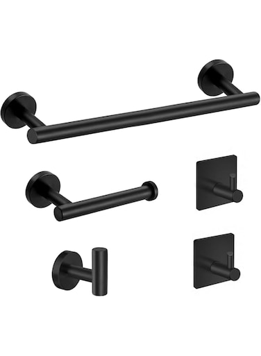 5-Pieces Matte Black Bathroom Hardware Set SUS304 Stainless Steel Round Wall Mounted Bathroom Accessories Kit(Includes 24" Hand Towel Bar, Toilet Paper Holder, 3 Robe Towel Hooks)