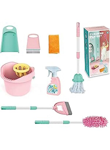 FITTO cleaning set for kids housework Supplies Kit With Dustpan, Broom, Bucket, Mop 8 Pcs kids cleaning set for Boys &amp; Girls with adjustable handle cleaning supplies, Pink