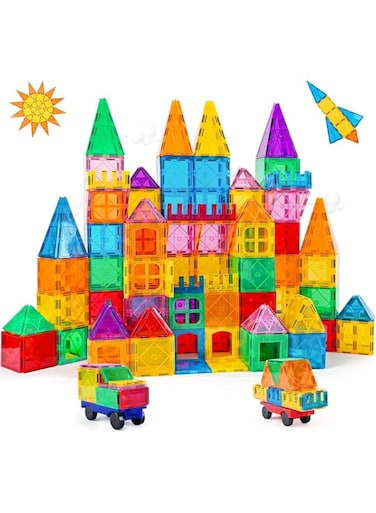 SKY-TOUCH 100 Pcs Magnetic Tiles｜3D Building Blocks Set｜Deluxe Building Blocks Magnet Toys for Toddlers STEM Sensory Creative Kids Manipulative Preschool learning ｜Deluxe Set with 2 Cars｜Ages 3+