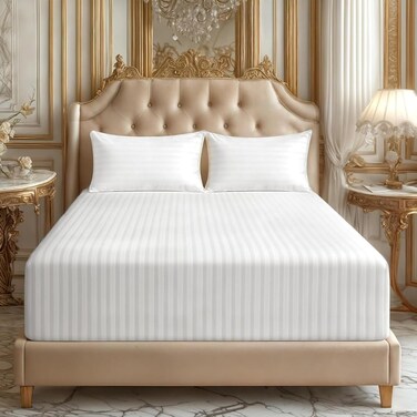 MUSA Striped 3 Piece Fitted Sheet Set Twin Size - White, 100 x 190cm