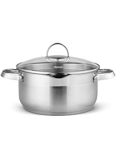 Fissman CALLISTO StockPot 24x11.5cm/5.0L with Glass Lid Pouring Lip andLid Strainer Stainless Steel