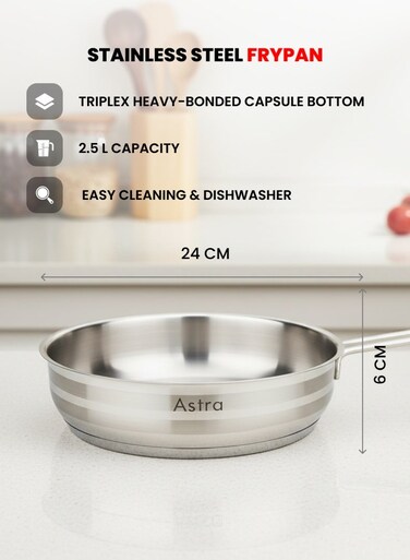 Stainless Steel Frypan 24 cm   2.5 L Capacity   18/10 Heavy&acirc;&euro;&lsquo;Duty Steel   Induction &amp; Gas Compatible   Wide Base Frying Pan &acirc;&euro;&ldquo; No Lid