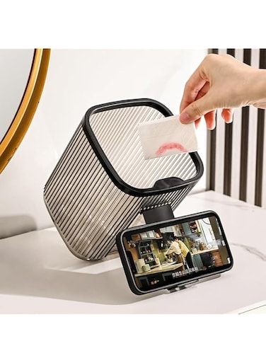 Mini Transparent Countertop Trash Can, Tiny Garbage Bag Holder, Desk Bin with Mobile Holder, Essential Small Garbage can Designed for Versatile use, Suitable for Home Kitchen Office (Black Grey)