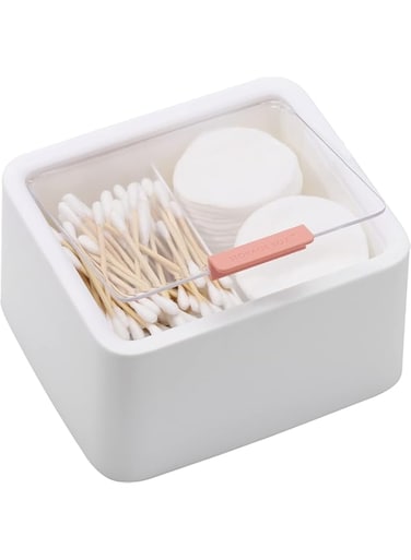 BIGTHREE 2 Slot Cotton Swab Ball Qtip Holder Jar, Plastic Container Dispenser Box with Lid for Cotton Swabs, Balls, and Makeup Sponges, for Bathroom Home Vanity Countertop Storage Organizer