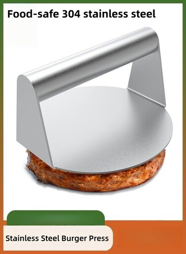 Stainless Steel Burger Press 14cm Round Crusher Non-Stick Smooth Surface Flat Bottom No Grooves Grease Squeezing Function Easy To Clean For Home Kitchen Outdoor Barbecue Camping Picnic Grill Cooking Flat Top Grill Hamburger Patty Making
