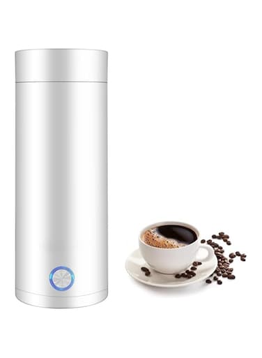 KASTWAVE Electric Kettle, Portable 400ml Travel Tea Kettle with Non-stick Coating, Double Wall Water Boiler Bottle, Insulated Coffee Thermos Mug, Fast Boil and Auto Shut Off, Hot Water Heater (White)