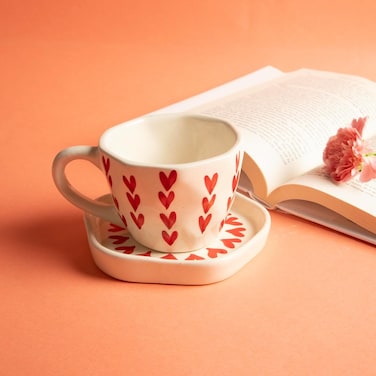 WHITE SPACE LIVING Handcrafted Heart Shaped Mug and Saucer Set - 300 ml - Dishwasher &amp; Microwave Safe