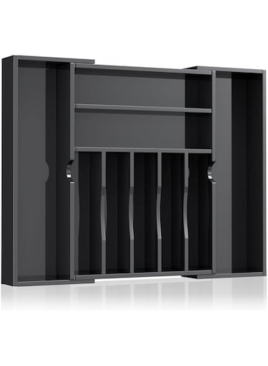 NIUBEE Expandable Kitchen Drawer Organizer for Flatware and Utensils,Black Acrylic Adjustable Silverware Tray for Drawer,Office,Bathroom Supplies-9 Compartments