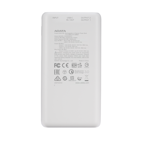 ADATA P20000QCD Power Bank 20,000 mAh   Fast Charging Qualcomm QC 3.0   White
