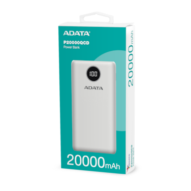 ADATA P20000QCD Power Bank 20,000 mAh   Fast Charging Qualcomm QC 3.0   White