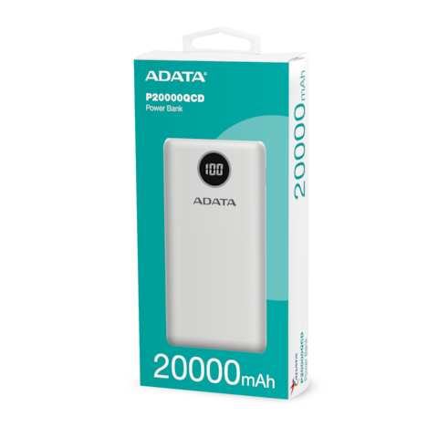 ADATA P20000QCD Power Bank 20,000 mAh   Fast Charging Qualcomm QC 3.0   White