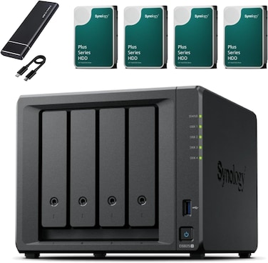 Synology DS925+ 4-Bay NAS Server, 32GB RAM, 64TB Storage (4 &times; 16TB NAS HDD), Desktop Network Storage Solution with 512GB External SSD for BackupIncludes 1st Wave External 512GB SSD for Back-up