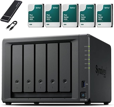 Synology DS1525+ Business Storage Solution with 5 Drive Bays &ndash; Scalable NAS System with 32GB Memory and 40TB Raw Capacity (5&times;8TB Drives), Includes 512GB External SSD for Data Protection