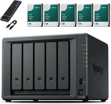 Synology DS1525+ NAS Server Bundle 5 Bay (32GB RAM, 30TB Storage) - 5 x 6TB Synology NAS HDDs, High-Performance Desktop Network Storage Device - Includes 1st Wave External 512GB SSD For Back-up