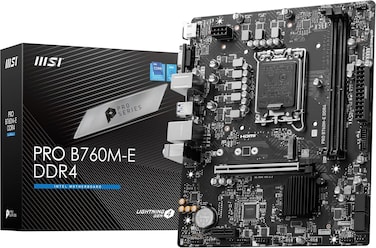 لوحة أم PRO B760M-E DDR4 Intel LGA 1700 MATX   شريحة Intel B760 تدعم معالجات Intel من الجيل الثاني عشر/الثالث عشر/الرابع عشر   فتحتان DDR4، سعة ذاكرة قصوى 64 جيجابايت، منفذ Gigabit LAN، منفذ M.2، 4 منافذ USB 2.0، منفذان USB 3.2 G، منفذ HDMI، منفذ VGA   911-7D48-061