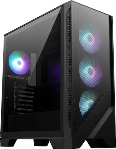 علبة كمبيوتر MSI MAG Forge 320R Airflow سوداء متوسطة الحجم - سعة ATX، تدعم بطاقة رسومات RTX 40، مروحة ARGB، فلتر غبار مغناطيسي، زجاج مقوى، موزع ARGB من 1 إلى 6 منافذ، منفذ USB 3.2 من الجيل الأول من النوع A