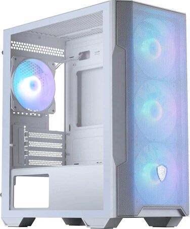علبة كمبيوتر MSI MAG Forge M100R Micro ATX Tower: 4 فتحات توسعة، أقصى طول لبطاقة الرسومات 11.81 بوصة، 3 مراوح أمامية مثبتة مسبقًا 120 مم، مروحة خلفية واحدة 120 مم - أبيض