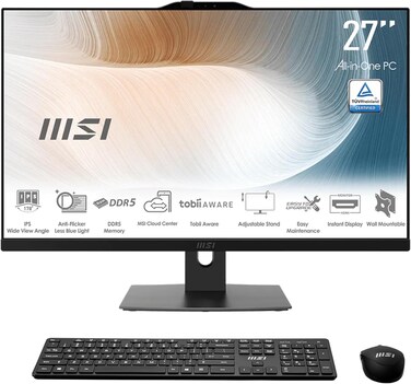جهاز كمبيوتر مكتبي متكامل MSI Modern AM272P، شاشة 27 بوصة FHD، معالج Intel Core 7-150U، ذاكرة وصول عشوائي 8 جيجابايت DDR5، قرص تخزين SSD من نوع NVMe بسعة 512 جيجابايت، واي فاي 6E، أسود
