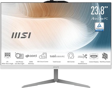 جهاز كمبيوتر مكتبي متكامل MSI Modern AM242، شاشة IPS عالية الدقة بالكامل مقاس 23.8 بوصة، معالج Intel Core 7-150U، ذاكرة وصول عشوائي DDR5 سعة 8 جيجابايت، قرص SSD من نوع NVMe سعة 512 جيجابايت، واي فاي 6E، لون أبيض