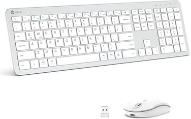 iClever GK08 Wireless Keyboard and Mouse Combo - Full-Size Ergonomic Keyboard with Number Pad, 2.4G USB, Quiet Click, 3-Level DPI, Rechargeable, Slim Design for Windows/Mac, Silver
