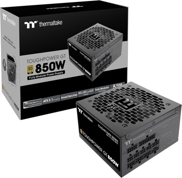 ThermalTake Toughpower GT 850W ATX 3.1 Standard Power Supply: 80 Plus Gold Efficiency, Smart Zero Fan, Native 450W Pcie 5.1 Connector - Black