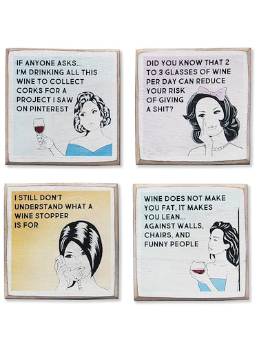 ZUMATICO 4 Funny Wine Coasters Set &amp; Holder   Rustic Wood with Funny Sayings &amp; Quotes   Great Wine Gift for Women   Housewarming Gift for Wine Lovers